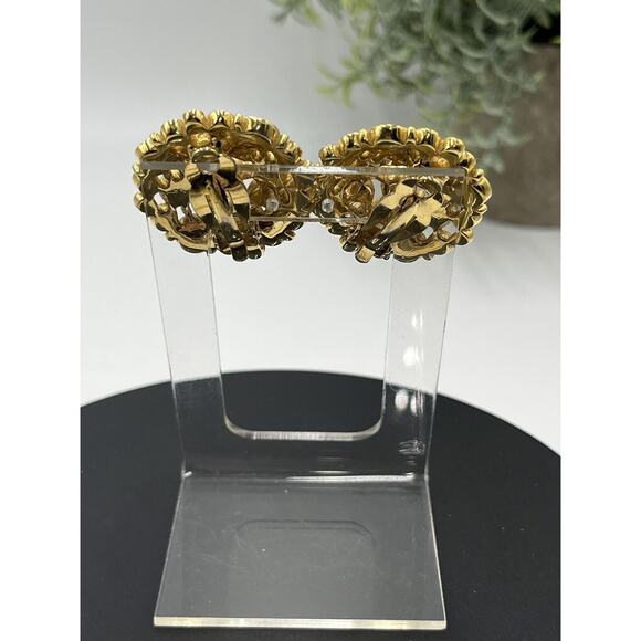 SWAROVSKI Swan Vintage Large Round Black, Clear Crystal Gold Tone Clip Earrings - Picture 8 of 16